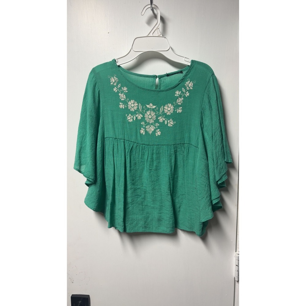 Unbranded | Green White Faux Embroidered Floral Flutter Sleeve Top | Size 14/16Y
